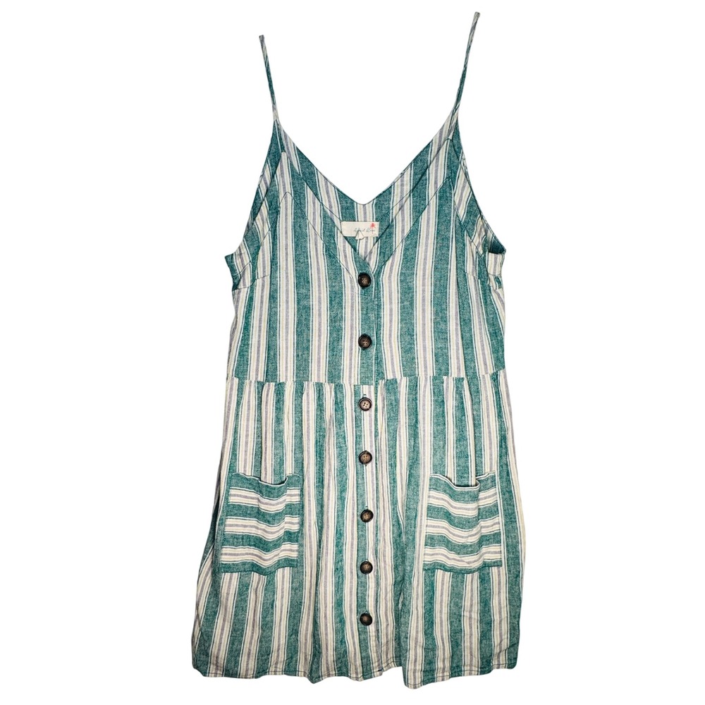 April Kiss Striped Linen Blend Dress Women's M Green Button Cottagecore Beachy‎